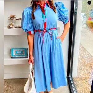 NWT Alden Adair Taylor Dress Roller Skate Puff Sleeve Midi Dress Blue Size S